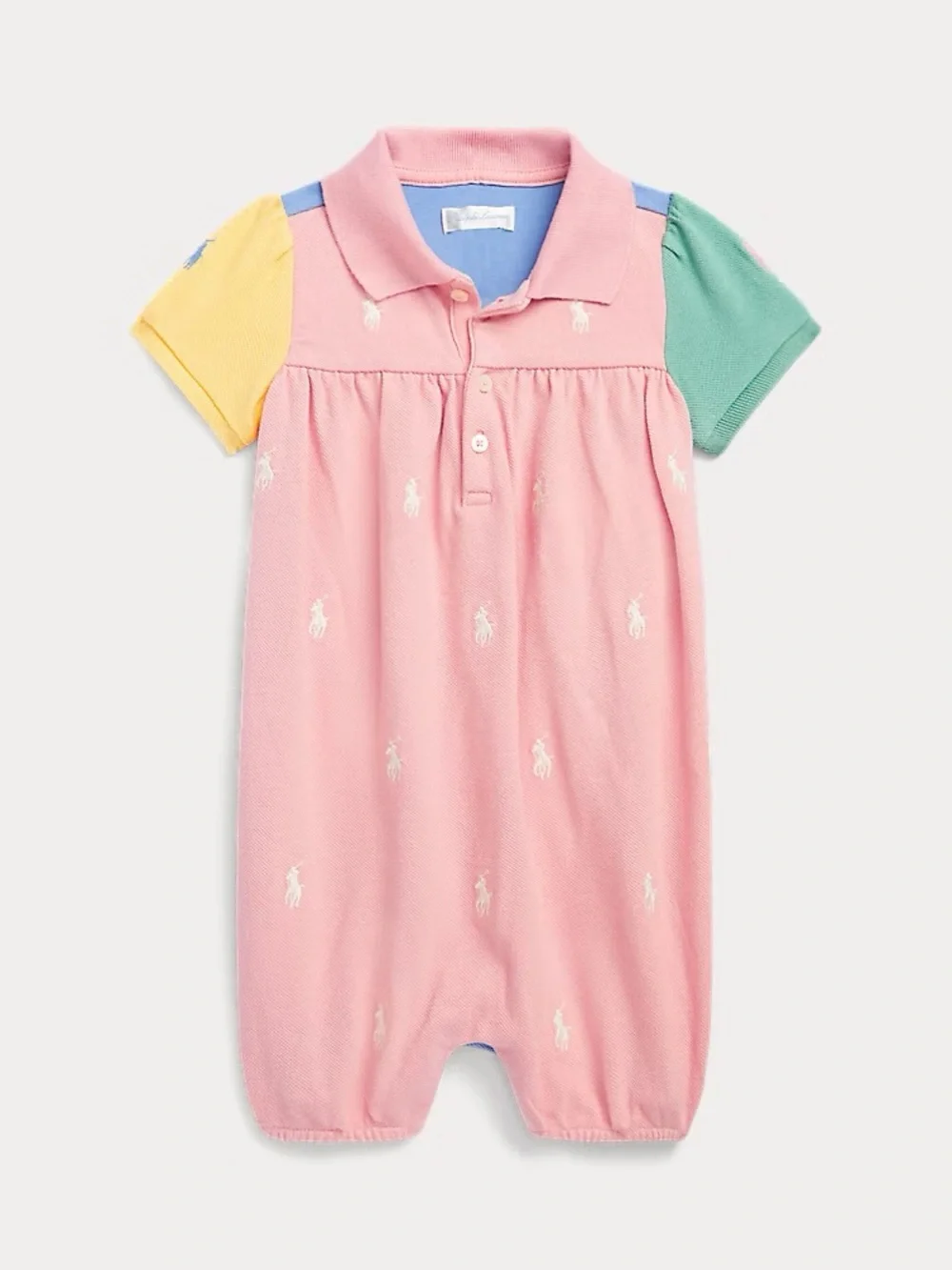Ralph Lauren Baby Color Block Piqué Bubble Romper Pink Multicolor Pony 18M